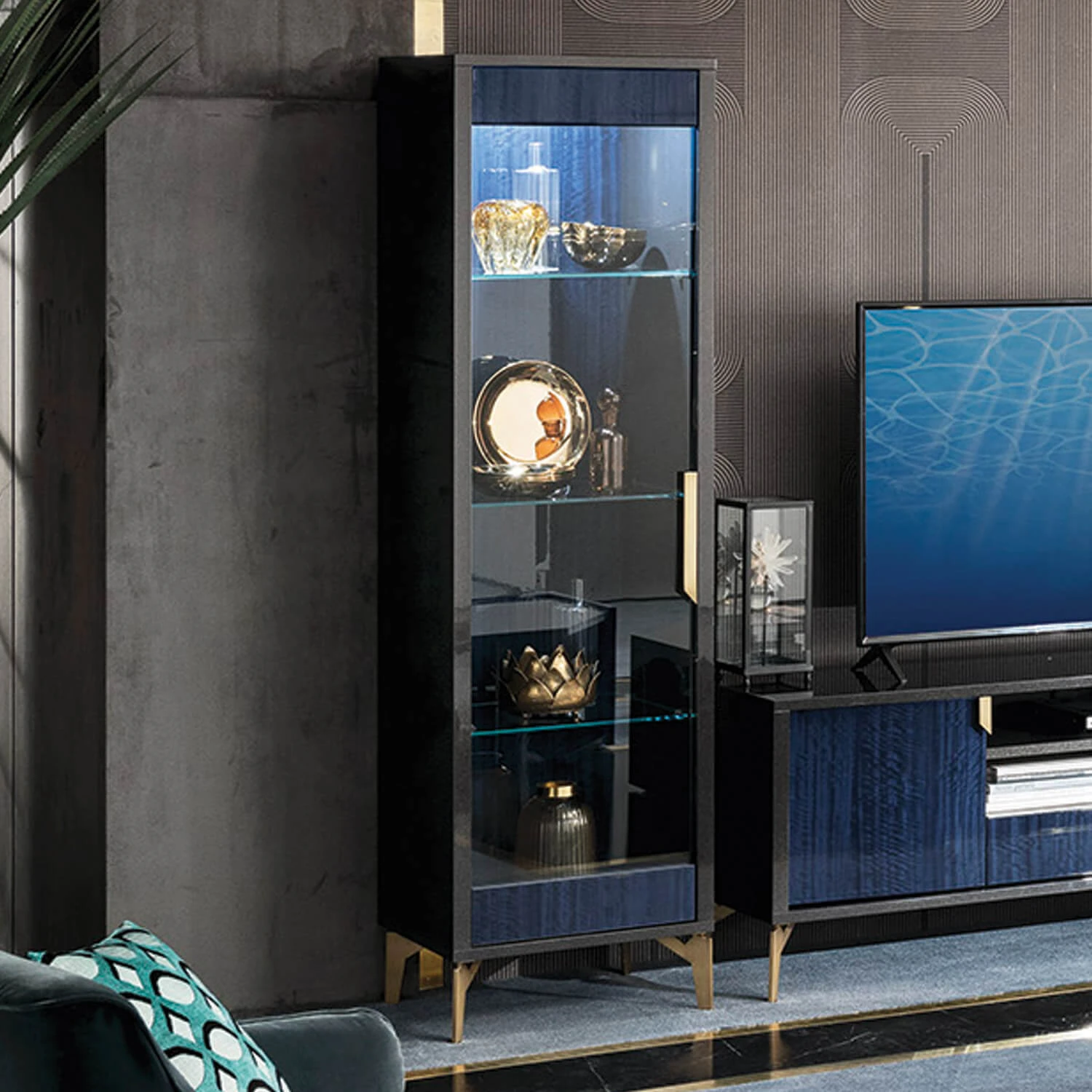 Celeste High Gloss Cobalt Blue Left Hand Curio Display Cabinet 3 Celeste High Gloss Cobalt Blue Left Hand Curio Display Cabinet