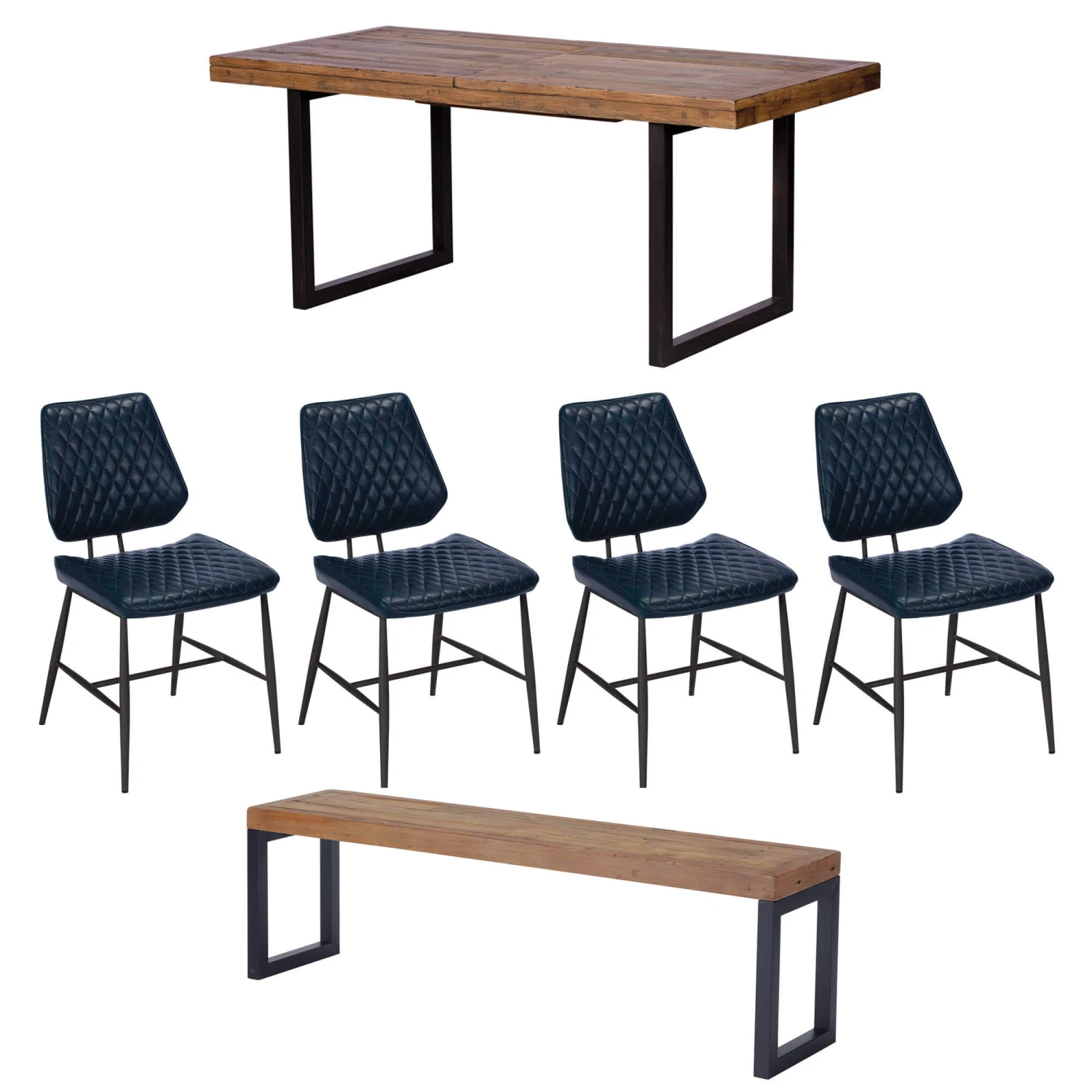 Malmo Reclaimed Timber 180cm Extending Dining Table, Bench & 4 Kiara Blue Faux Leather Chairs 3 Malmo Reclaimed Timber 180cm Extending Dining Table, Bench & 4 Kiara Blue Faux Leather Chairs