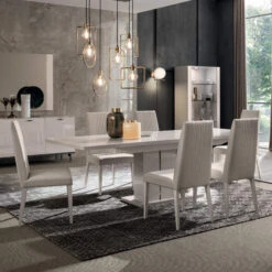 Caren High Gloss Pearl Line 160cm Extending Dining Table & 6 High-Back Faux Leather Chairs