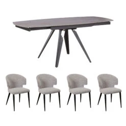 Allegri Extending Dining Table With 4 Perla Grey Boucle Dining Chairs