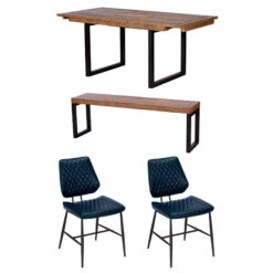 Malmo Reclaimed Timber 140cm Extending Dining Table, Bench & 2 Kiara Blue Chairs -Housing Units Shop 36f5524274388963018ef2992d4afc4b
