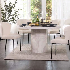Savona Bone 130cm Round Marble Effect Dining Table & 4 Gabriel White Boucle Fabric Dining Chair