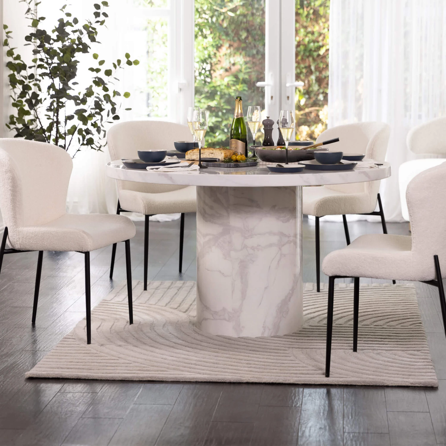 Savona Bone 130cm Round Marble Effect Dining Table & 4 Gabriel White Boucle Fabric Dining Chair 3 Savona Bone 130cm Round Marble Effect Dining Table & 4 Gabriel White Boucle Fabric Dining Chair