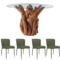 Java Teak 130cm Round Dining Table And 4 Manhattan Green Dining Chairs