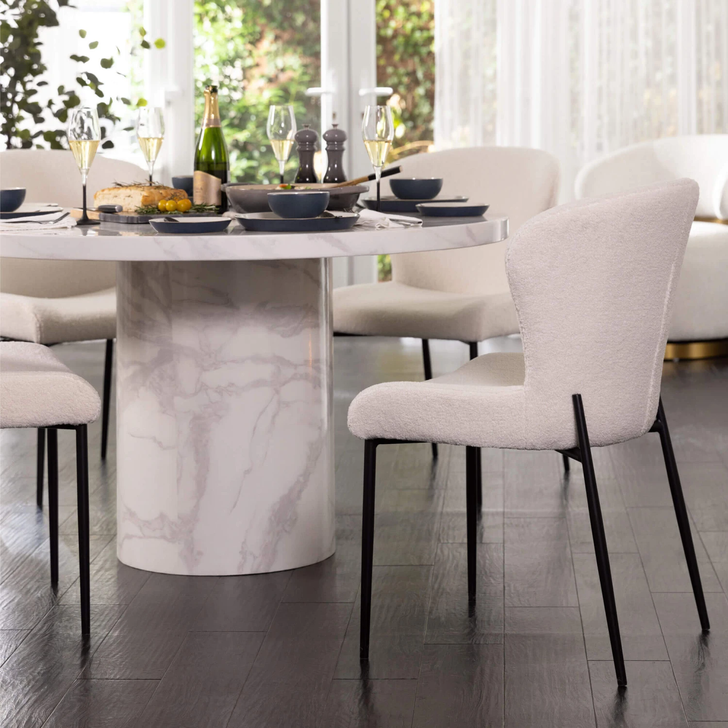 Savona Bone 130cm Round Marble Effect Dining Table & 4 Gabriel White Boucle Fabric Dining Chair 4 Savona Bone 130cm Round Marble Effect Dining Table & 4 Gabriel White Boucle Fabric Dining Chair - Image 2
