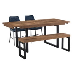 Malmo Reclaimed Timber 140cm Extending Dining Table, Bench & 2 Kiara Blue Chairs