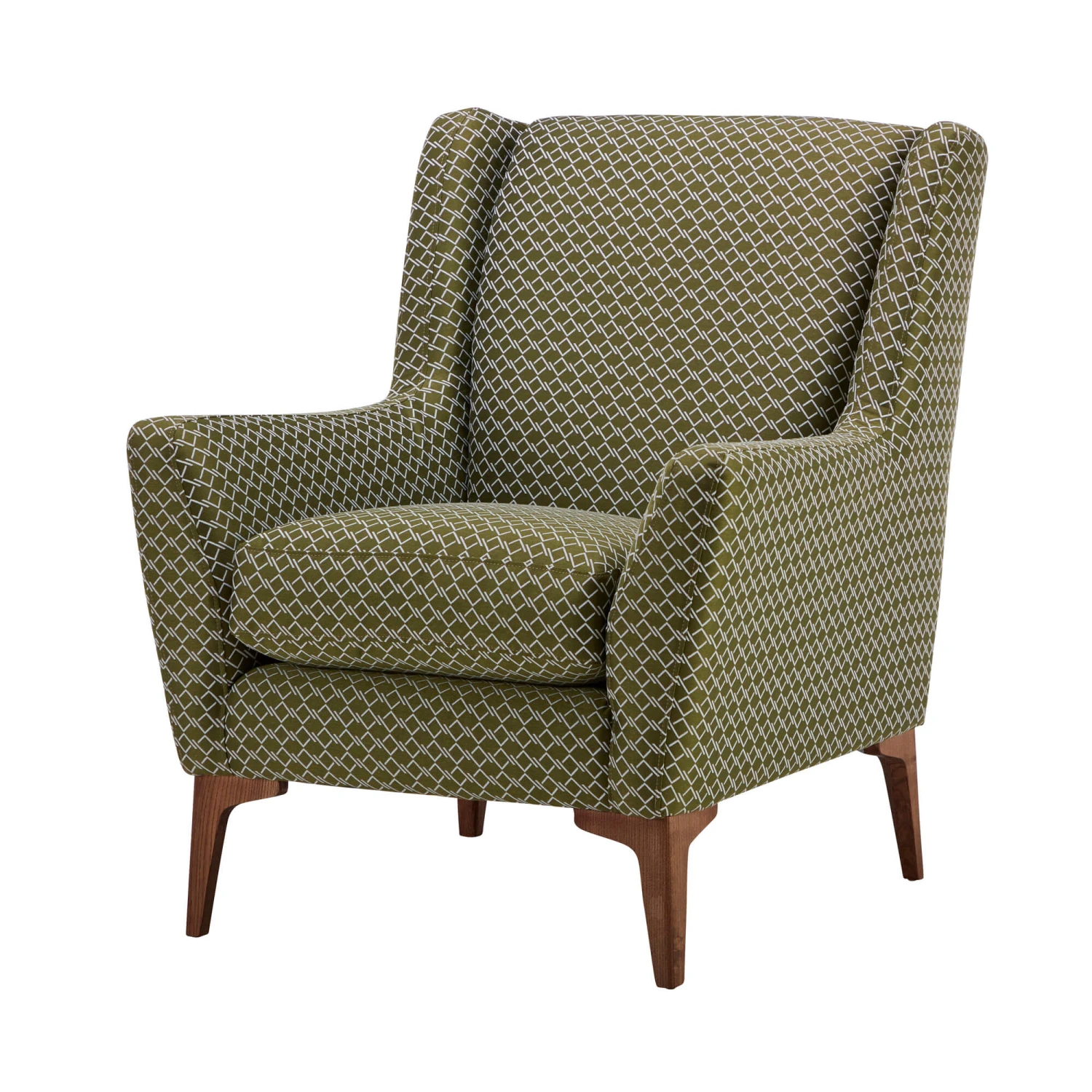Harrison Olive Green Geometric Patterned Fabric Accent Chair 4 Harrison Olive Green Geometric Patterned Fabric Accent Chair - Image 2