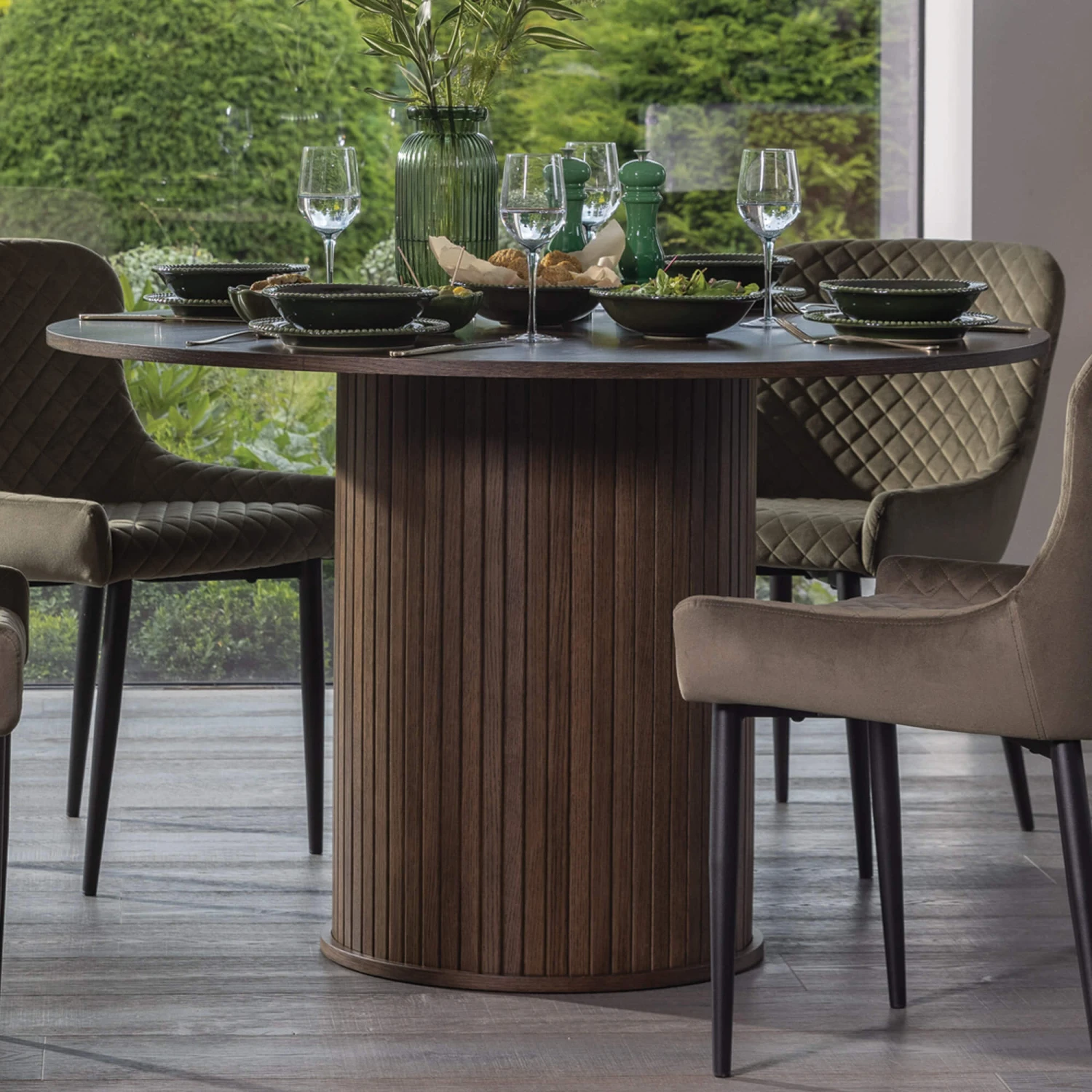 Annika Smoked Oak Slatted 120cm Round Dining Table 3 Annika Smoked Oak Slatted 120cm Round Dining Table