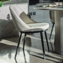 Irina White Marble Effect 119.5cm Round Dining Table And Futura Cloud White Boucle Fabric Dining Chair -Housing Units Shop 986372bea07d948a237fbafd71cb08ff