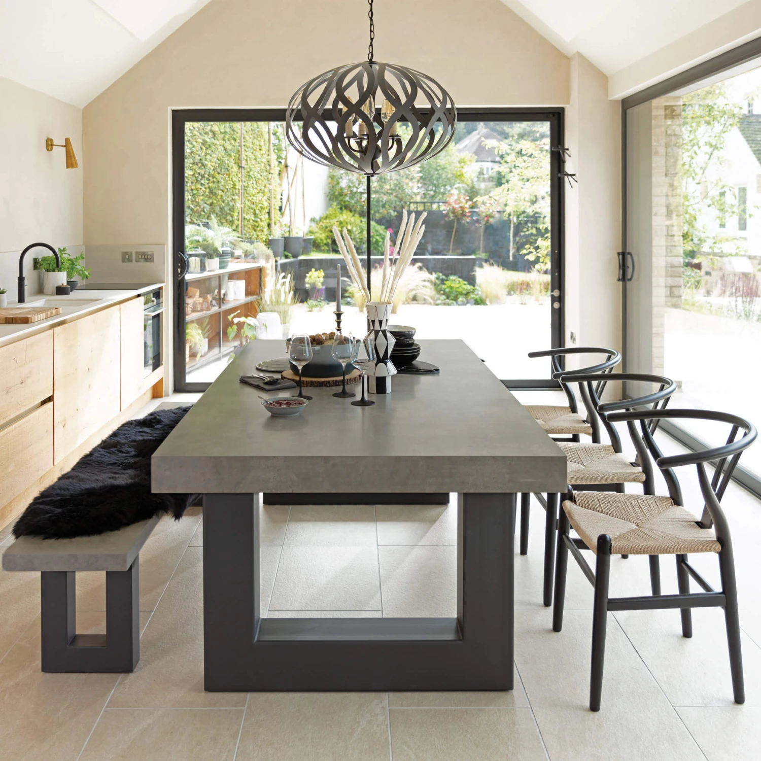 Ingrid Concrete-Effect 220cm Dining Table With Bench & 3 Larvik Black Wishbone Chairs 3 Ingrid Concrete-Effect 220cm Dining Table With Bench & 3 Larvik Black Wishbone Chairs