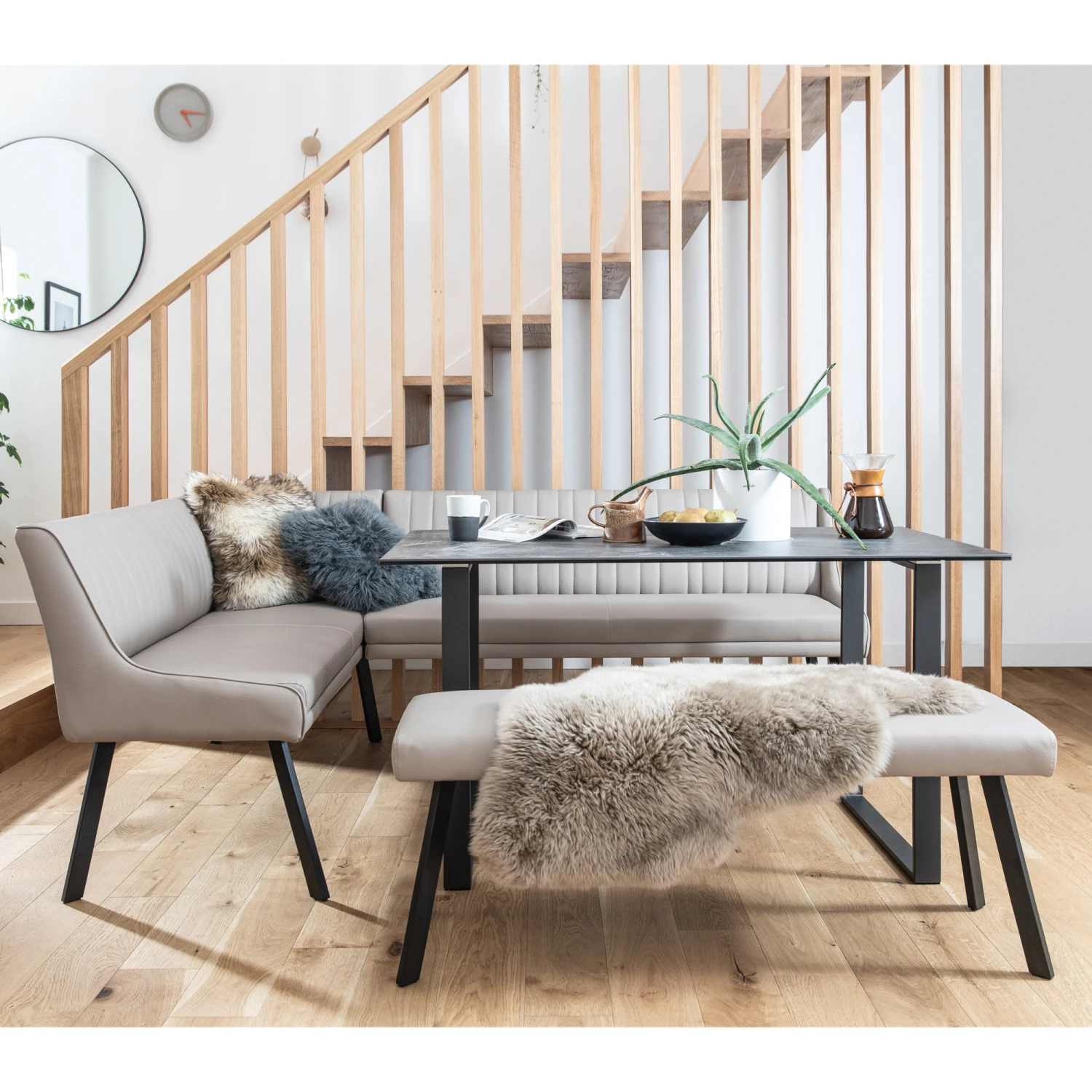 Porto Taupe Faux Leather Right-Hand Corner Bench Dining Set 3 Porto Taupe Faux Leather Right-Hand Corner Bench Dining Set