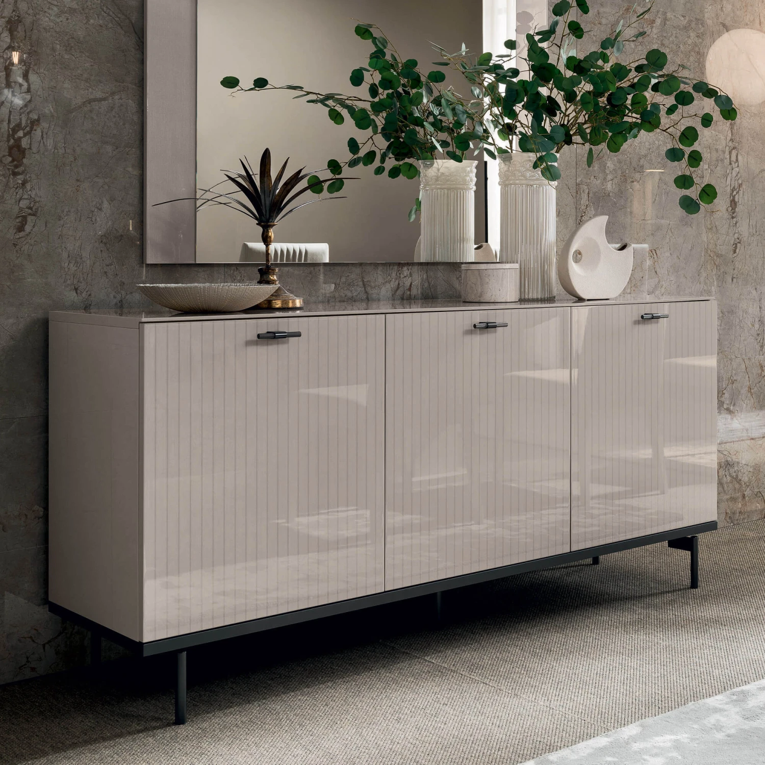 Caren High Gloss Pearl Line 214cm 3 Door Sideboard 3 Caren High Gloss Pearl Line 214cm 3 Door Sideboard