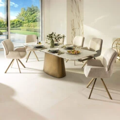 Priama Ceramic Dining Table With 6 Rosina Fabric Dining Chairs