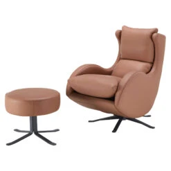 Fama Lenny Caramel Leather Swivel Rocking Armchair & Footstool
