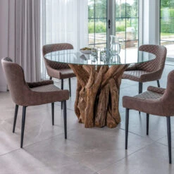 Java Reclaimed Teak 130cm Round Dining Table & 4 Toby Brown Faux Leather Chairs