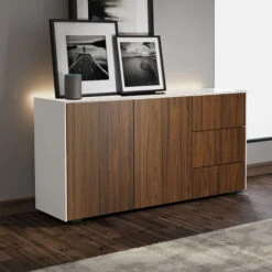 Frank Olsen Intelligent White Gloss & Walnut 2 Door 3 Drawer Sideboard