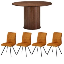 Annika Smoked Oak Slatted 120cm Round Dining Table With 4 Cabley Tumeric Dining Chairs